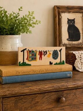 Vintage Cat’s Meow Clothesline Laundry Day Wooden Collectible Black Cat Folk Art